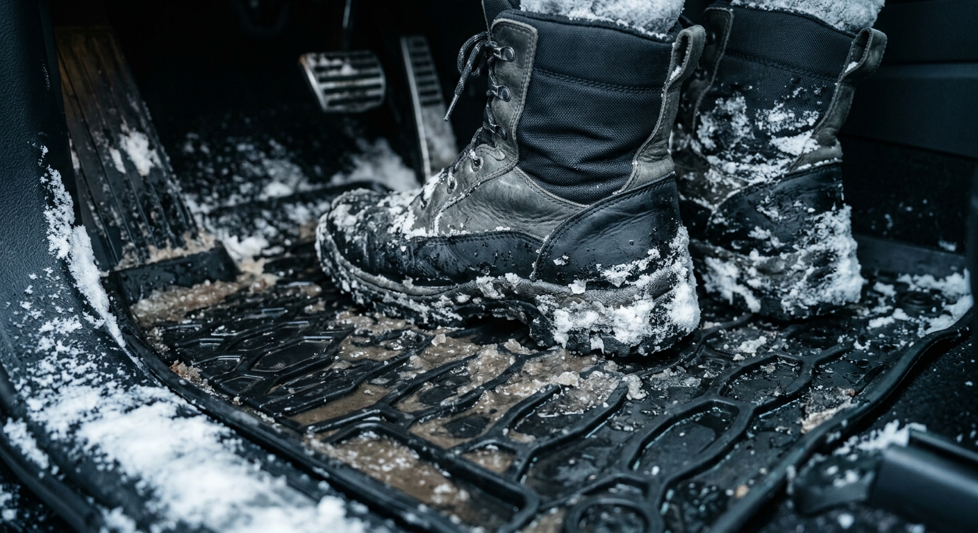 Bottes enneigées sur un tapis NordiGuard aux rebords surélevés